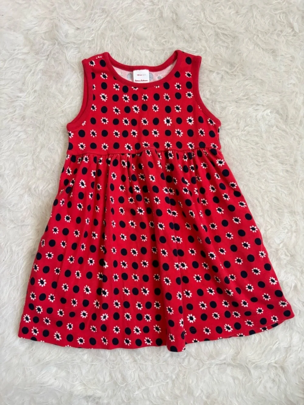 Hanna Andersson Festive Red Sleeveless Dress with Navy Dots and White Flowers